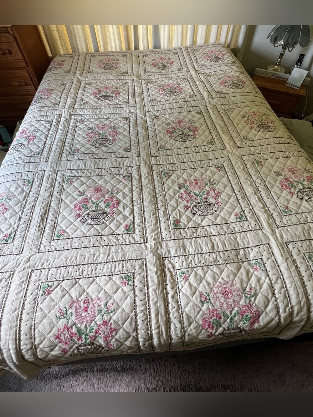 50s Handmade Quilt 80” X 67”  Hand Embroidered Needlepoint Floral & 2 Shams